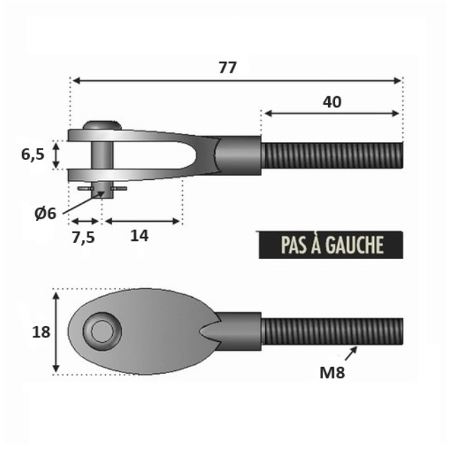 Chape design filetée M8 avec son <b>Pas À Gauche</b>. Longueur totale 77mm, longueur du filetage 40mm, diamètre de la goupille Ø6mm, largeur 18mm. En inox 316, convient pour une utilisation en intérieur ou en extérieur. Pièce pour montage sans poteau à l'aide d'une platine ronde avec anneau et d'un tendeur de câble, droit ou rampant. Existe en filetage M6, référence 306252 et en pas à droite, référence 306253.