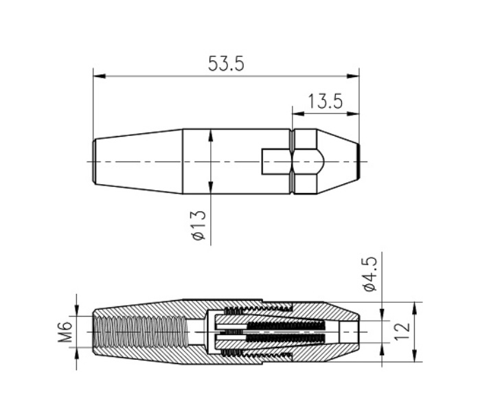 Tendeur manuel permettant la fixation et la tension du câble sur un garde-corps, convient pour câble de diamètre Ø4mm qui s'installe dans un trou Ø4,5mm (C), s'utilise avec une tige fileté M6 (A). Longueur 53,5mm, diamètre globale 13mm. En inox 316, permettant une utilisation en intérieur comme en extérieur, y compris en bord de mer. Le câble sera fixé par un blocage manuel. Existe en version pas à gauche (30661).