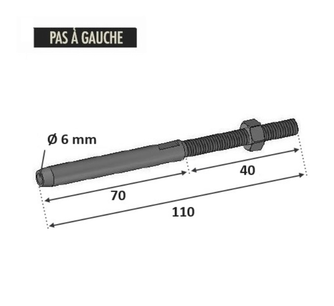 Tendeur à sertir un câble d'un diamètre de 6 avec M8 gauche. En inox 316.