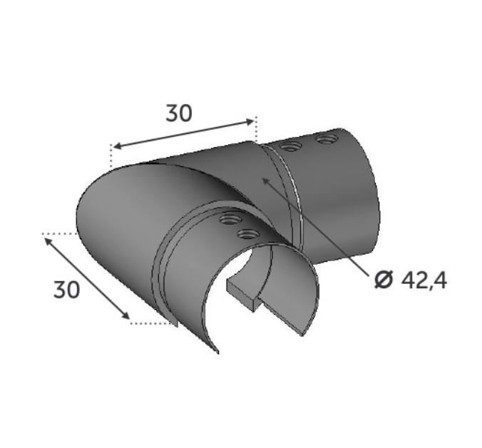 Connecteur d'angle à 90 degrés pour un tube de main courante pour verre d'un diamètre de 42.4mm. Longueur visible 30mm (sans manchon) Hauteur visible 30mm (sans manchon) épaisseur 2mm. En inox 304, convient pour une utilisation en intérieur. A utiliser pour les mains courante de garde-corps verre référence 30840.