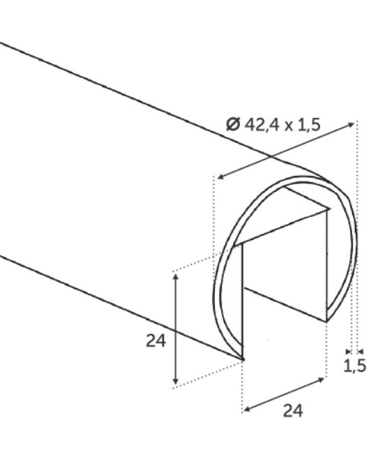 Main courante pour du verre de 12,76mm d'épaisseur. Longueur de 2500mm. En inox 304 brossé avec un grain 320. Elle vient se plaquer contre les plaques de verre. D'un diamètre de 42,4mm, elle reçoit à sa partie inférieure un joints en caoutchouc référence 30845 (vendu séparement), qui lui permet de rester en place et d'aligner les plaques de verre sans risque de déboitement. Pour fixer le main courante et les relier entre elles, il existe également des raccords en inox 304 adaptés.