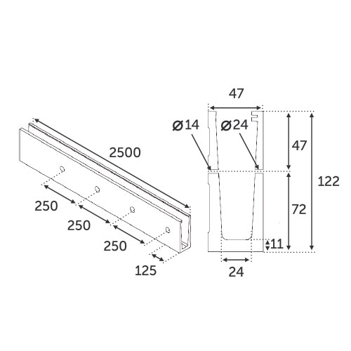 Profil en aluminium brossé d'une longueur de 2500mm et compatible avec des verres de 12,76mm d'épaisseur. Ce profil en aluminium est destiné à être fixé contre un mur pour une fixation dite à l'anglaise. Il est percé de 9 trous espacés de 250mm pour une fixation au travers du profil dans le mur par une fixation par vis tête fraisée d'un diamètre de 12mm. À monter avec un revêtement de finition frontal en inox 316 référence 308522 et 1 revêtement de finition latérale (bouts du rails) en inox 316 référence 30851. <b>Vendu sans les joints en caoutchouc référence 30860</b>.