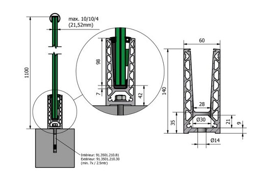 Profil aluminium anodisé montage sur dalle - Pour Verre 12,76 mm a 21,52 mm  - Long  2500 mm . Ce profil aluminium, avec finition satinée est destiné à être fixé au sol : Il est percé de 13 trous espacés de 200mm pour une fixation au travers du profil dans le sol la stabilité est excellente. Utilisable à l'intérieur comme à l’extérieur, il résiste aux charges linéaires d’1 kN . Pour parfaire le montage, utiliser un kit d'assemblage permettant la pose en fonction de l'épaisseur du verre : ref 308530pour verres épaisseur 12,76mm (66.2)   ref 308531 pour verres épaisseur 16,76mm (88.2)  ref 308532 pour verres épaisseur 17,52mm (88.4) ref 308533 pour verres épaisseur 20,76mm (1010.2) ref 308534 pour verres épaisseur 21,52mm (1010.4)  Pour les angles intérieurs et extérieurs 90 ° utiliser l'article réf 308502 . Pour la finition utiliser la réf 308503