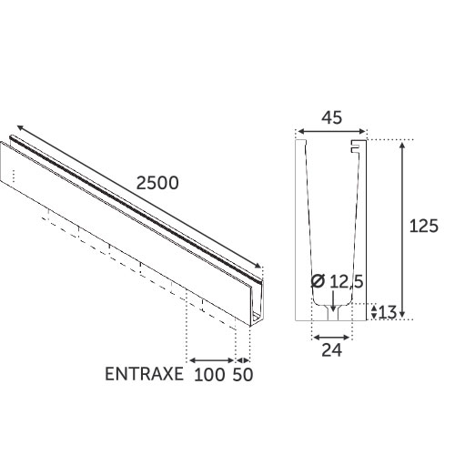 Profil en aluminium brossé pour une fixation au sol d'une longueur de 2500mm. Compatible avec des verres de 12,76mm d'épaisseur. Ce profil en aluminium, avec une finition satinée est destiné à être fixé au sol. Il est percé de 24 trous espacés de 100mm, pour une fixation au travers du profil dans le sol par un vis à tête fraisée d'un diamètre de 12mm non fournies. À monter avec un revêtement de finition frontal en inox 316 référence 308572 ou 308573. <b>Vendu sans les joints en caoutchouc référence 30860</b>.