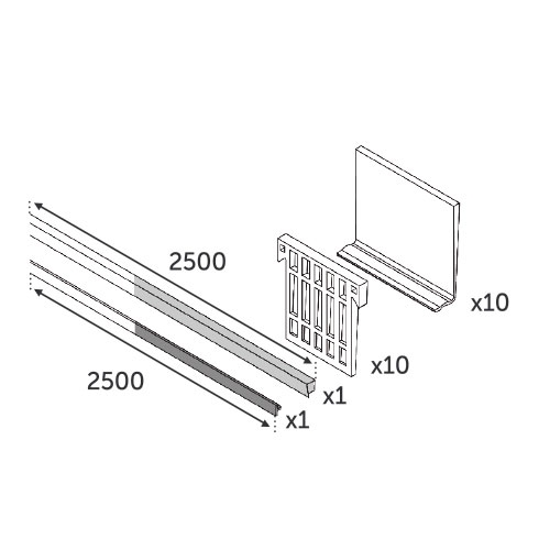 Jeu de caoutchouc d'une longueur de 2500mm pour des profilés et des verres de 12.76mm d'épaisseur. Ce jeu de pièces est nécessaire pour fixer définitivement une plaque de verre dans un rail en aluminium pour une fixation dite à l'anglaise. Ce jeu de pièces comprend : 1 petit joint en caoutchouc d'une longueur de 2500mm à incruster dans la rainure haute intérieure du rail, 1 lot de 10 pièces d'angle à placer dans le fond du rail, 1 lot de 10 cales d'angle en plastique pour bloquer le verre en position ainsi qu'1 gros joint en caoutchouc d'une longueur de 2500mm à placer entre le verre et le rai