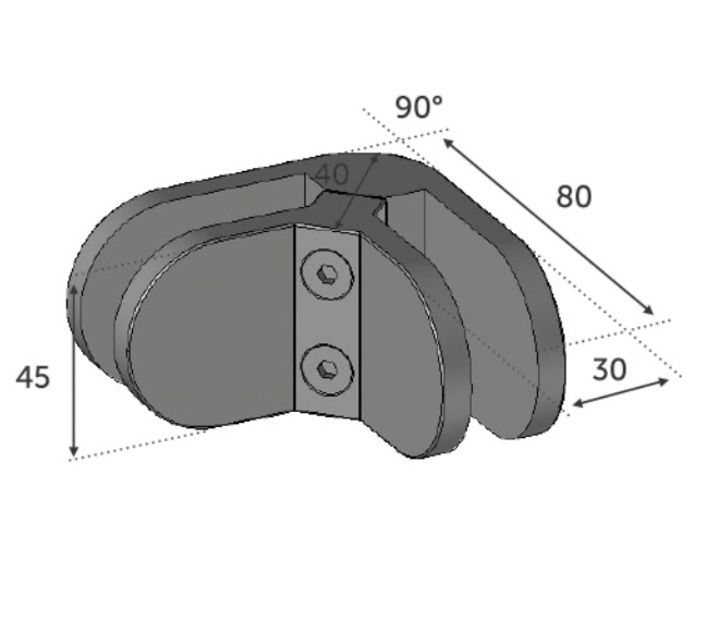 Pince à verre d'angle de 80x45x30. En inox 316. Pince à verre d'angle fixation sur plat..Elle relie dans un angle deux plaques de verre. Ne pas oublier de commander les caoutchoucs compatibles avec votre verre, vendus séparément. ex : verre épaisseur 8,76 joints réf 300310876. verre épaisseur 10 joints réf 3003110. verre épaisseur 10,76 joints réf 300311076. verre ep 12 joints réf 3003112- verre épaisseur 12,76 réf 300311276 
