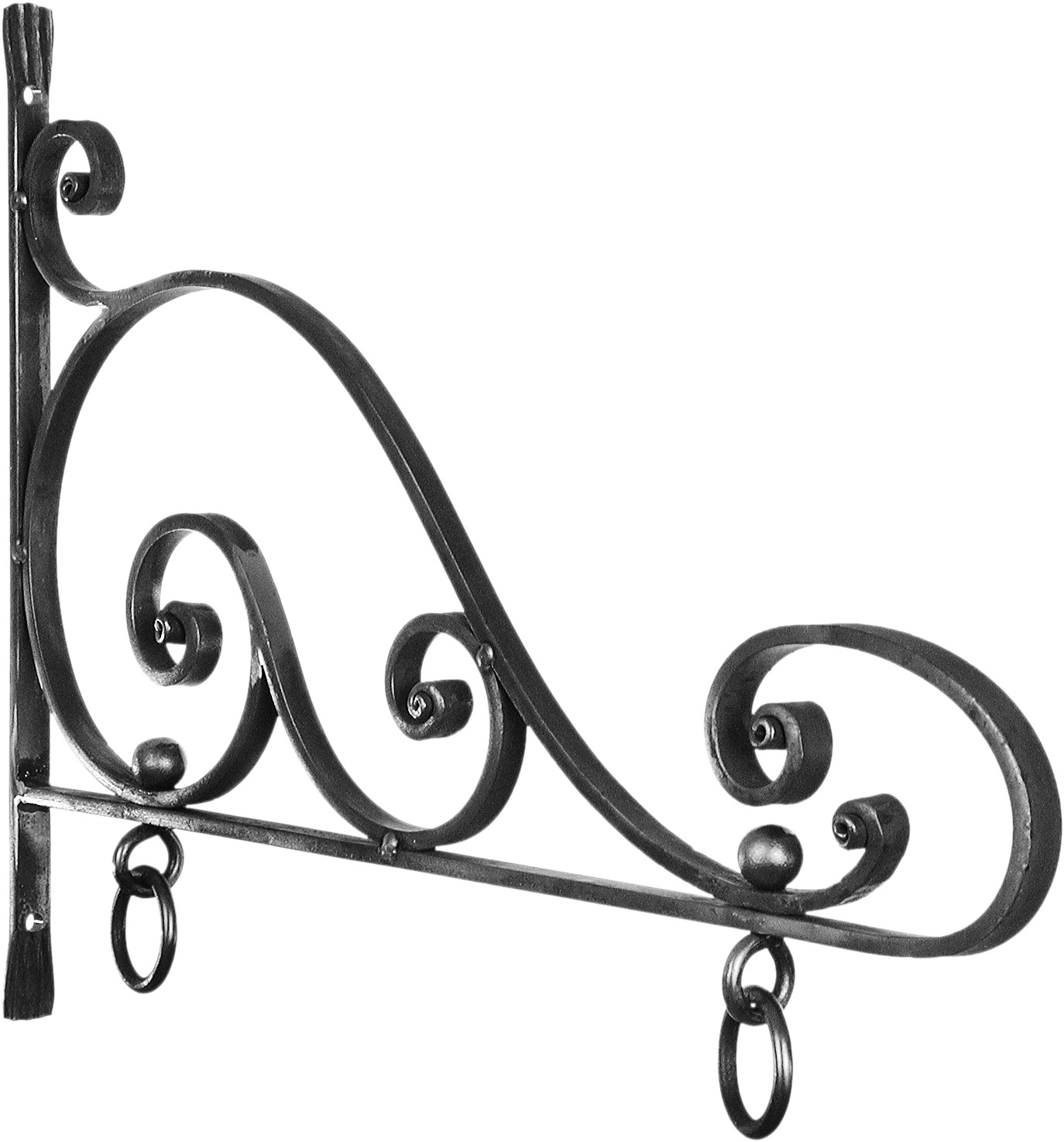 Porte enseigne composé de volutes. Hauteur total de 485mm et longueur de 600mm. En Fer Forgé. Livré avec anneaux  pour plaque 480x480mm. En acier brut prêt-à-peindre ou vernir ou faire rouiller. Remplacé par 158006