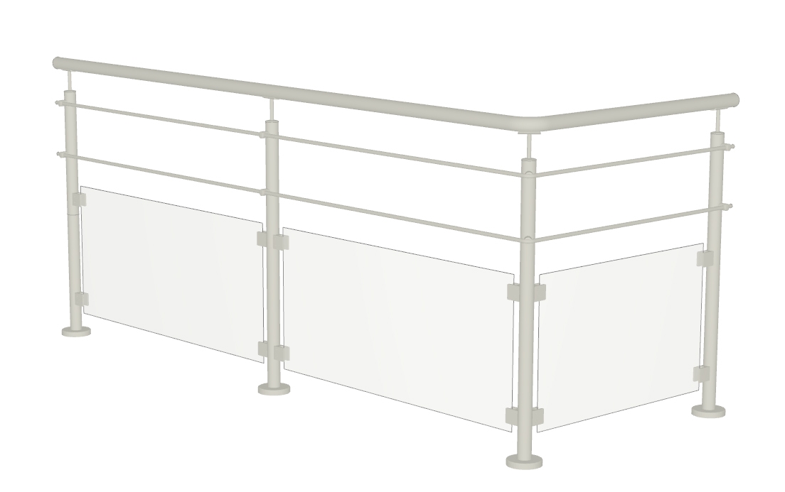 Poteau de départ gauche d'une diamètre de 42,4mm pour une rambarde de type 2 (Câbles + verre). Utilisable en intérieur ou en extérieur hormis en environnement salin (piscine traitées au sel ou bord de mer). Hauteur totale de 1050mm. 2 trous taraudés M6 (câble) + 2 trous taraudés M8 (pinces à verre). Livré en kit complet (connecteurs pour des câbles inox ø4, pinces ,cache platine et connecteur droit pour une main courante inclus). Visserie de fixation au sol non incluse. A noter que nos pinces à verres en Zamac brossé sont prévues pour recevoir du verre ou du plexyglass d'une épaisseur allant d