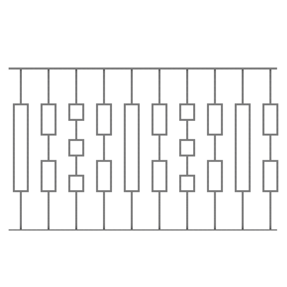 Barreau design en carré de 12mm et de 1150mm de hauteur. Composé de deux décor de 220mm de haut par 100mm de large. Vide entre les deux décor de 110mm. Idéal pour un garde-corps à plat.