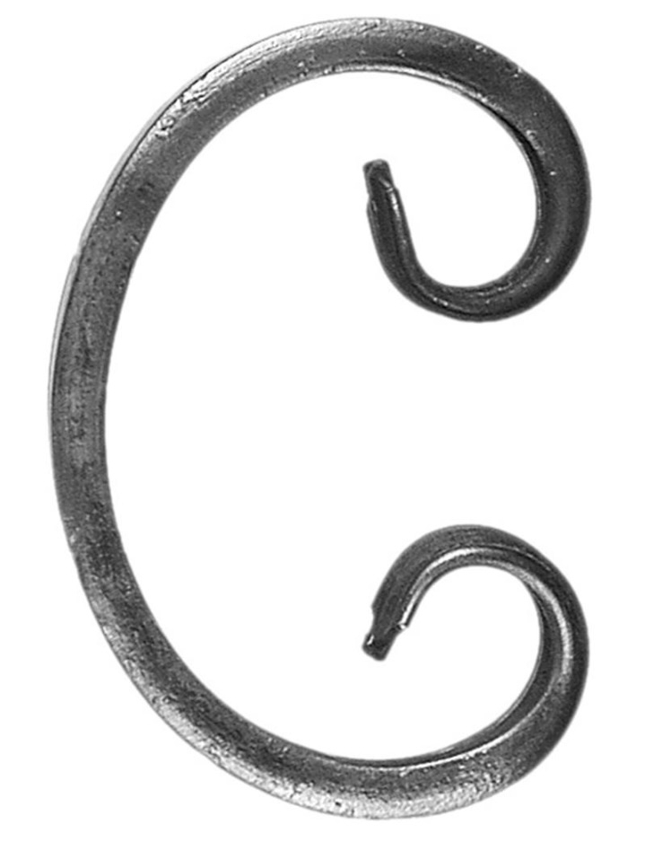 Volute en C finition queue de carpe. Hauteur 100mm largeur60mm en fer plat de 14x7mm. Fixation par soudure. Permet de décorer votre fabrication en fer forgé, portail, clôture, pergola, mais également permet de renforcer la sécurité, en diminuant le vide entre barreau, ou d'augmenter le soutien. Fourni brut, à peindre ou à vernir pour protéger contre la corrosion.