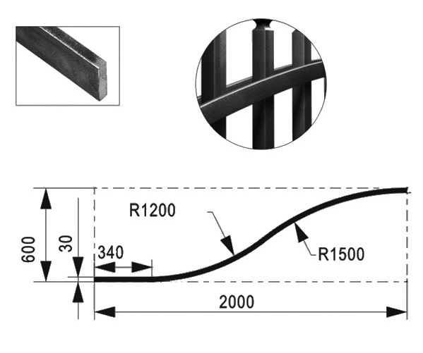 Profilé fer plat de 30X8mm en demi chapeau de gendarme de 2000mm de long et 600mm de haut.