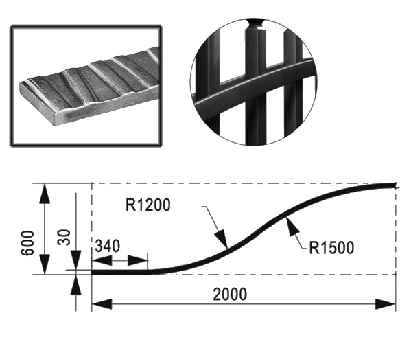 Profilé fer plat martelé de 30X8mm en demi chapeau de gendarme de 2000mm de long et 600mm de haut.