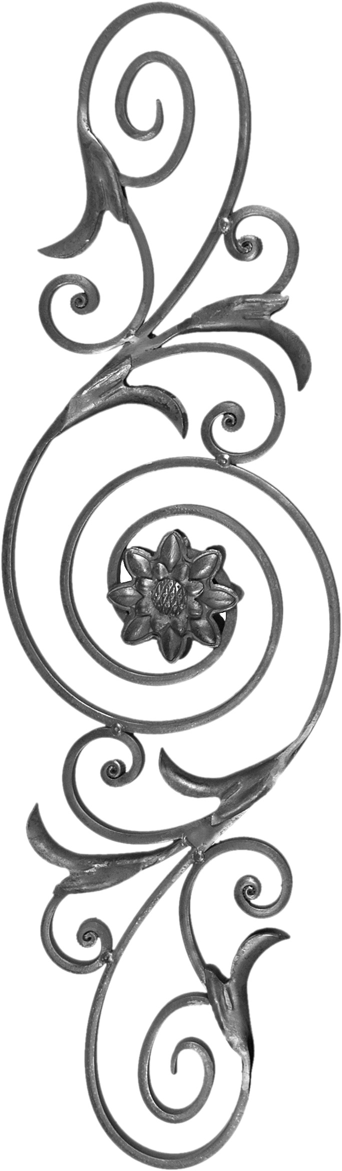 Volute avec feuilles et rosaces en double face de 860mm de haut par 245mm de large. Avec une section en 20x8mm. En fer forgé.