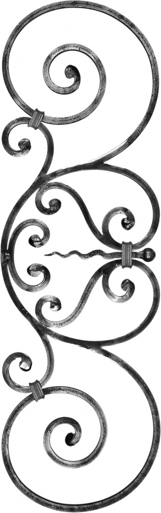 Panneau décoratif composé de volutes grenaillées avec finition à noyau. Hauteur 860mm et Largeur 270mm avec profilé en carré grenaillé de 12x12mm. Ce panneau décoratif peut être présenté à l'horizontale ou à la verticale, son utilisation est multiple: balcon, terrasse, fenêtre, balustrade... Fixation par soudure. Fourni brute, à peindre ou à vernir pour le protéger de la corrosion. Utilisation intérieure ou extérieure.