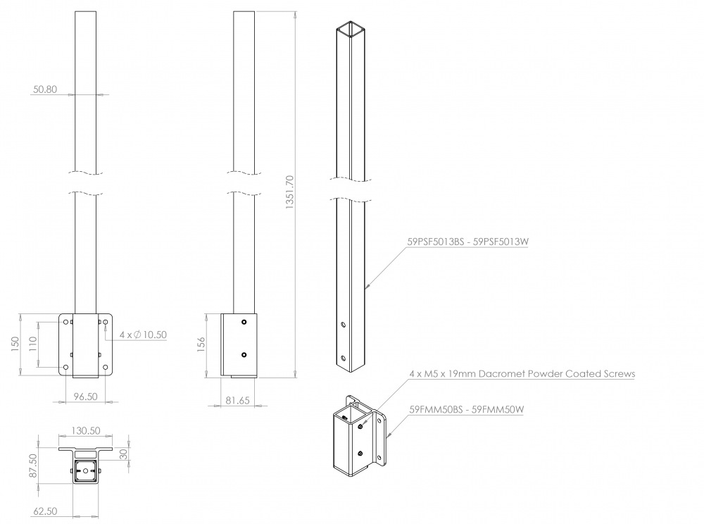 Platine pour fixation latérale ou à l'anglaise. Pour tube de 50 mm. Finition Noir. Percage 4 trous diamètre 10,5 mm . Fournis avec 4 vis autoforeuse m5 pour fixer le poteau 