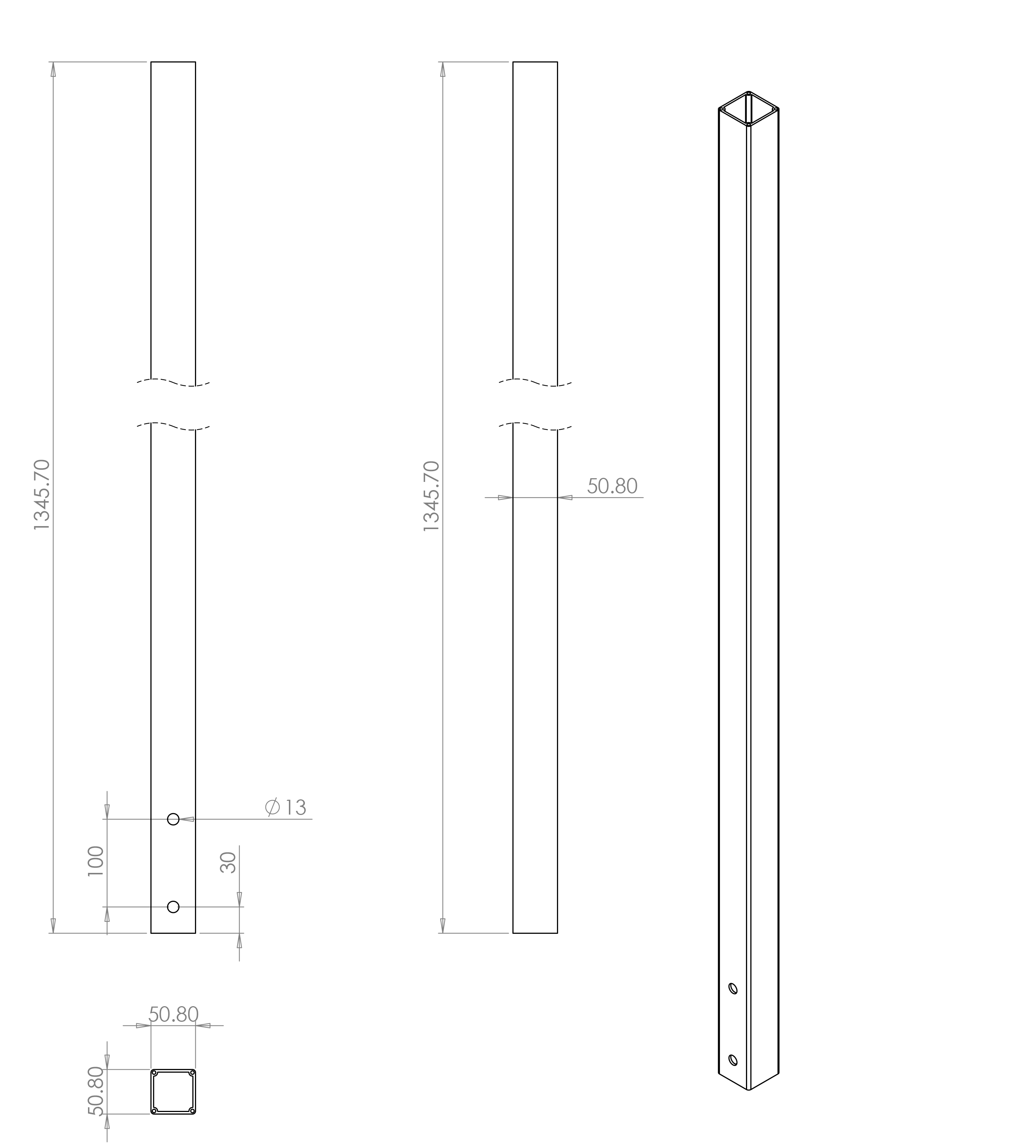 Poteau nue, sans platine, en tube carré de 50 mm et de 1345mm de haut. Pour une montage en fixation à l'anglaise ou latérale. Galvanisé et peint en noir . Pré-Percé par 2 trous pour recevoir la platine.