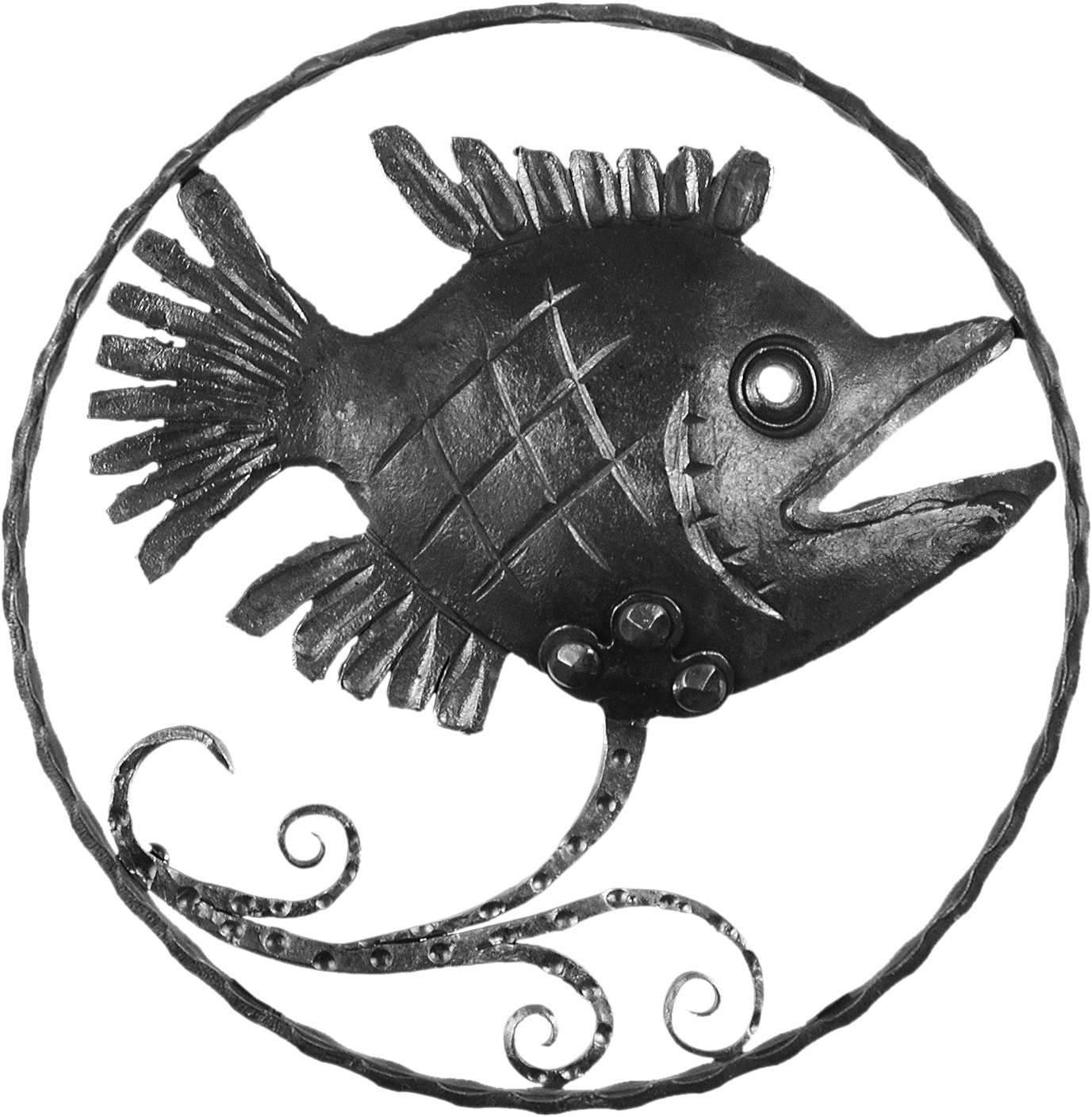 Décor de poisson en fer forgé, d'un diamètre de 300mm. Décoration d'intérieur ou extérieur. A souder ou a visser.