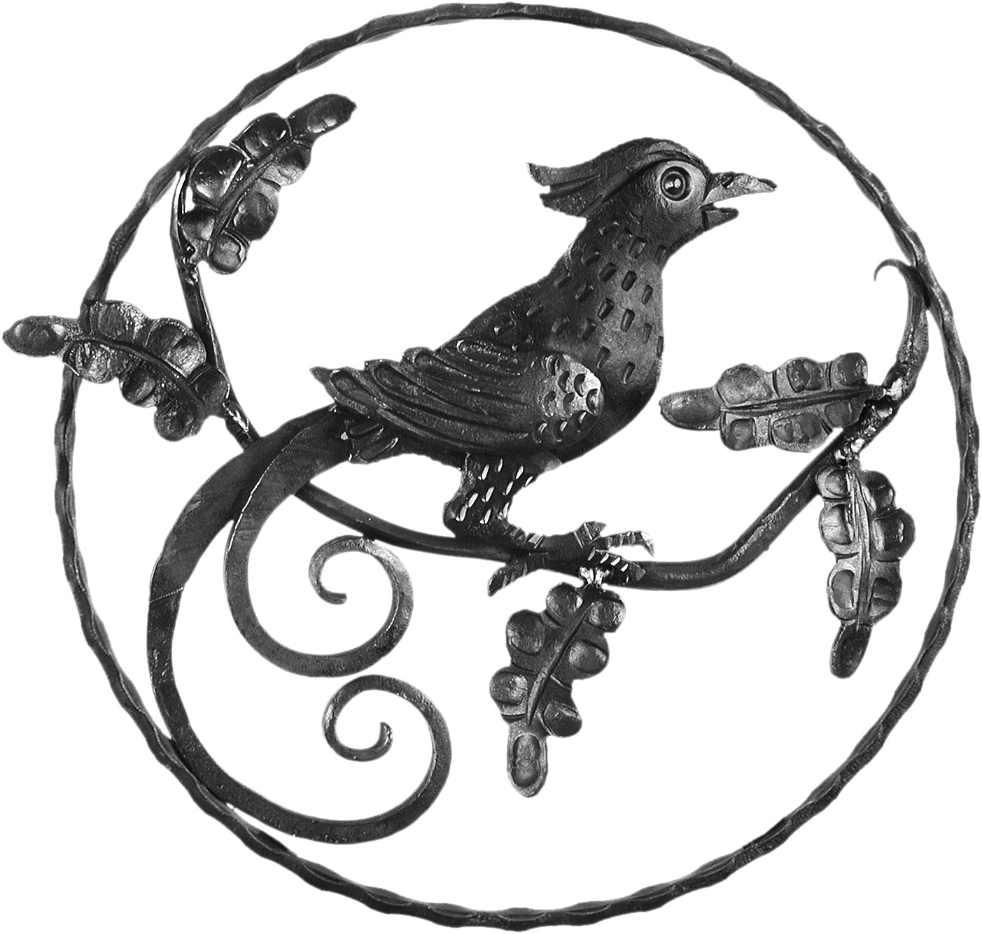 Décor d'oiseau sur branche en fer forgé, d'un diamètre de 300mm. Décoration d'intérieur ou extérieur. A souder ou a visser.