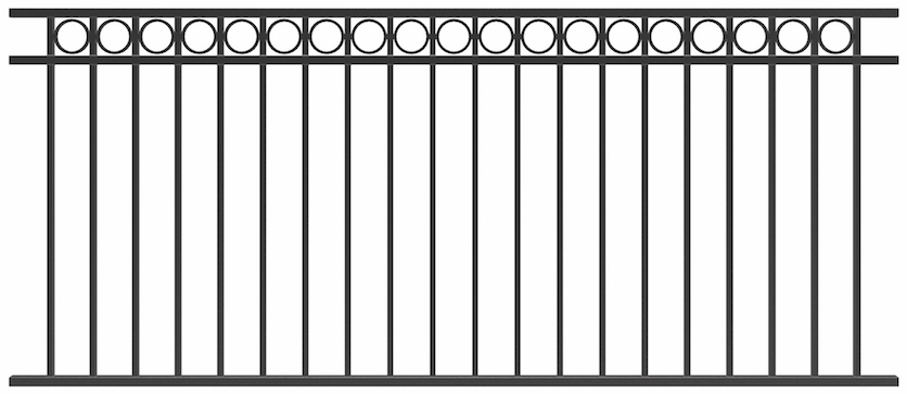 Panneau pour garde-corps avec une frise en kit de 2387mm de long et 1016mm de haut. Galvanisé et peint en noir. La frise est composée de cercles de 96mm de diamètre et 8mm d'épaisseur. Les barreaux sont des tubes 16x16x1,52mm. La main courante est un carré de 25x25x1,5mm.