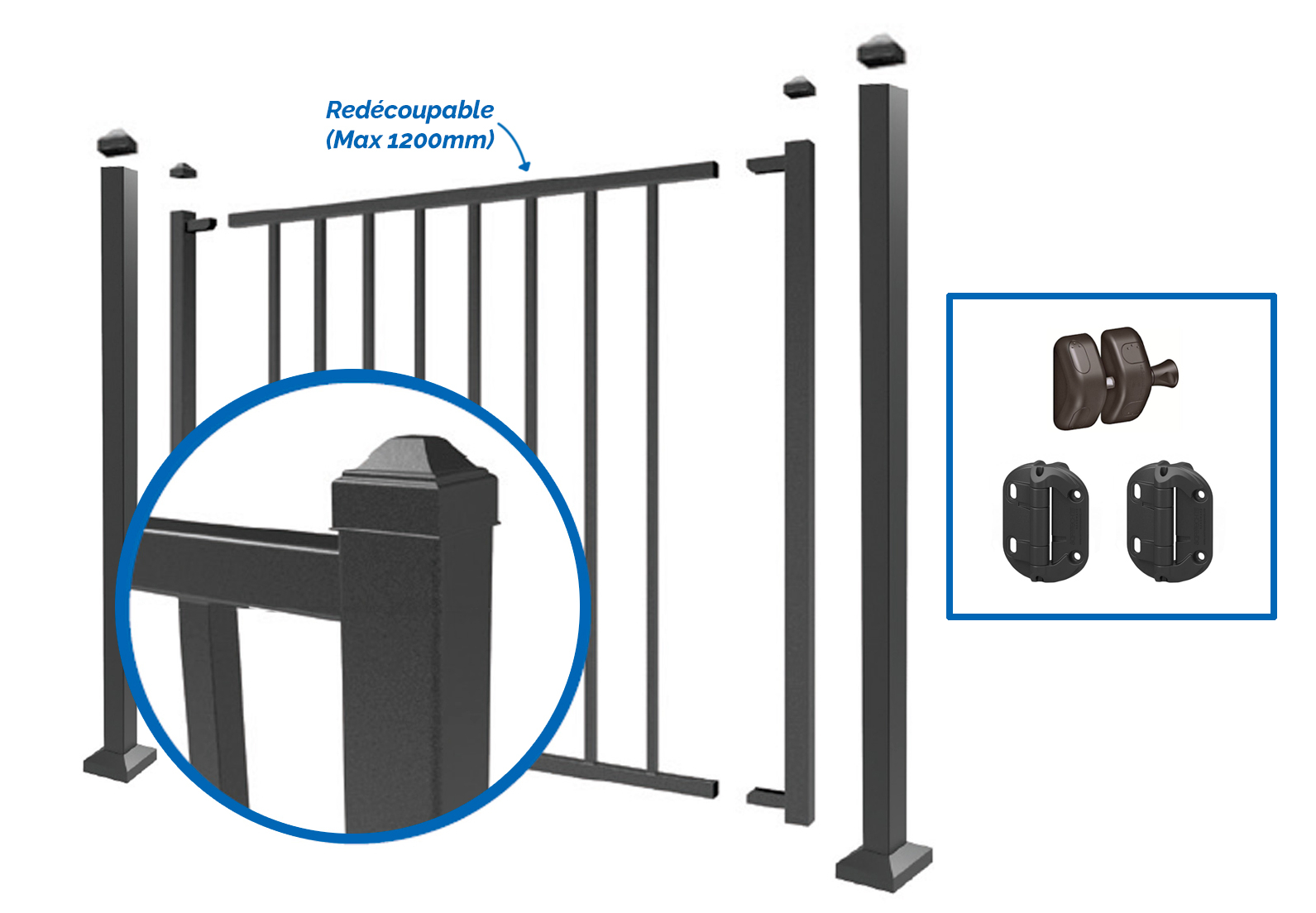 Personnaliser votre espace extérieur avec notre Portillon en Acier Noir Mat, un ensemble en kit conçu pour une installation facile et sans soudure. Ce portillon en kit de qualité supérieure est fabriqué en acier galvanisé et thermolaqué pour une résistance optimale aux intempéries et une durabilité à long terme. Le kit comprend un panneau épuré de 1200mm de long par 1016mm de haut, deux poteaux de 1150mm de haut en tube de 50mm avec une base de platine pré-percée pour un ancrage sûr, et un verrou magnétique pour une fermeture sécurisée et pratique. Les charnières incluses et les montants latéraux transformant les panneaux en portillon garantissent une installation sans tracas. Avec la possibilité de redécouper le panneau à la dimension souhaitée, vous avez la liberté de créer une entrée sur mesure , jusqu'à 1350mm de large, qui s'intègre parfaitement à votre environnement. Les couvercles en forme de diamant ajoutent une touche esthétique tout en protégeant les poteaux. Ajoutez une touche d'élégance fonctionnelle à votre jardin ou cour avec ce portillon facile à installer et conçu pour durer. Visserie pour la fixation au sol est non fournies.