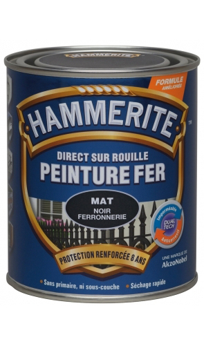 Peinture pour fer Noir mat 0L75. Peinture de finition mate dont la formule unique a été spécialement conçue pour la protection et la décoration du métal. Elle s'utilise sur tous les métaux ferreux et non ferreux extérieurs, et est idéale pour les grilles, mobiliers de jardin et autres surfaces métalliques. L'application est facile car elle se fait directement sur la rouille, sans sous-couche, et garantit une protection du métal jusqu'à 8 ans. De la marque Hammerite.