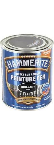 Peinture Hammerite Noir Brillant 0L75. Peinture de finition Brillante dont la formule unique a été spécialement conçue pour la protection et la décoration du métal. Elle s'utilise sur tous les métaux ferreux et non ferreux extérieurs, et est idéale pour les grilles, mobiliers de jardin et autres surfaces métalliques. L'application est facile car elle se fait directement sur la rouille, sans sous-couche, et garantit une protection du métal jusqu'à 8 ans.