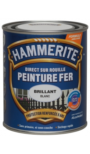 Peinture Hammerite Blanc Brillant 0L75. Peinture de finition Brillante dont la formule unique a été spécialement conçue pour la protection et la décoration du métal. Elle s'utilise sur tous les métaux ferreux et non ferreux extérieurs, et est idéale pour les grilles, mobiliers de jardin et autres surfaces métalliques. L'application est facile car elle se fait directement sur la rouille, sans sous-couche, et garantit une protection du métal jusqu'à 8 ans.