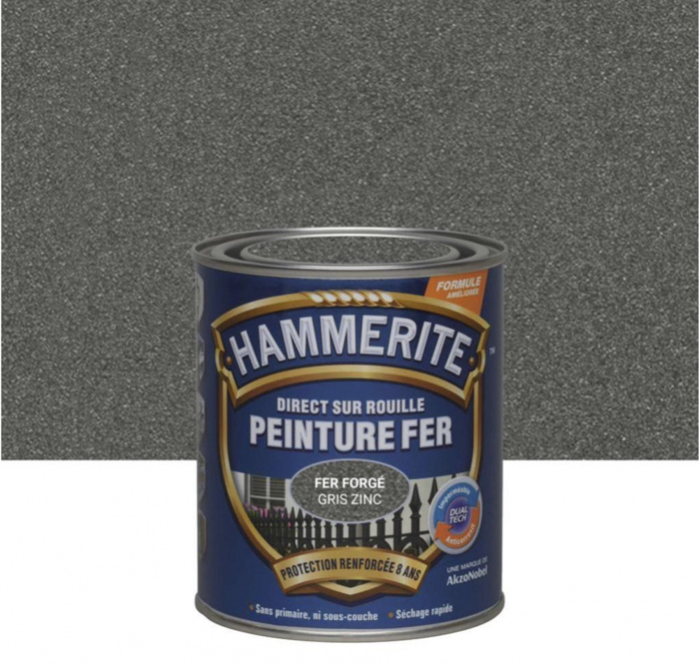 Peinture fer extérieur HAMMERITE Direct Sur Rouille Teinte Gris zinc fer forgé s'applique directement sur rouille, sans sous couche. Elle offre un bel aspect fer forgé à vos métaux ferreux.Sa formule solvantée vous offre un excellent pouvoir couvrant, et un parfait tendu.Embellissez vos supports ferreux extérieurs grâce à cette formule qui résiste aux chocs et aux intempéries.Tout vos supports extérieurs seront protégés contre la rouille, vous garantissant un métal et une couleur gris zinc plus durable dans le temps. Cette peinture fer extérieur est idéale pour protéger vos portails, grilles, balcons, mobiliers de jardin et ferronneries. Conseils d'application : Bien mélanger avant application. Appliquer avec une brosse et/ou un rouleau et à une température comprise entre 5°C et 35°C.