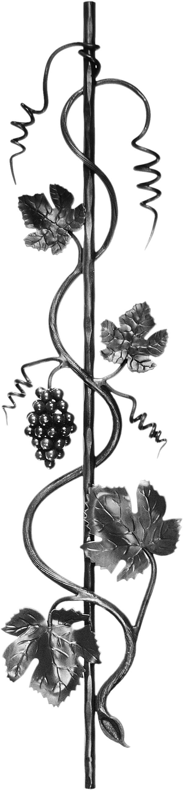 Barreau de style raisin avec une grappe de raisin et 4 feuilles de vigne d'une hauteur de 1000mm et d'une largeur de 200mm. En fer forgé. Remplacé par 158013