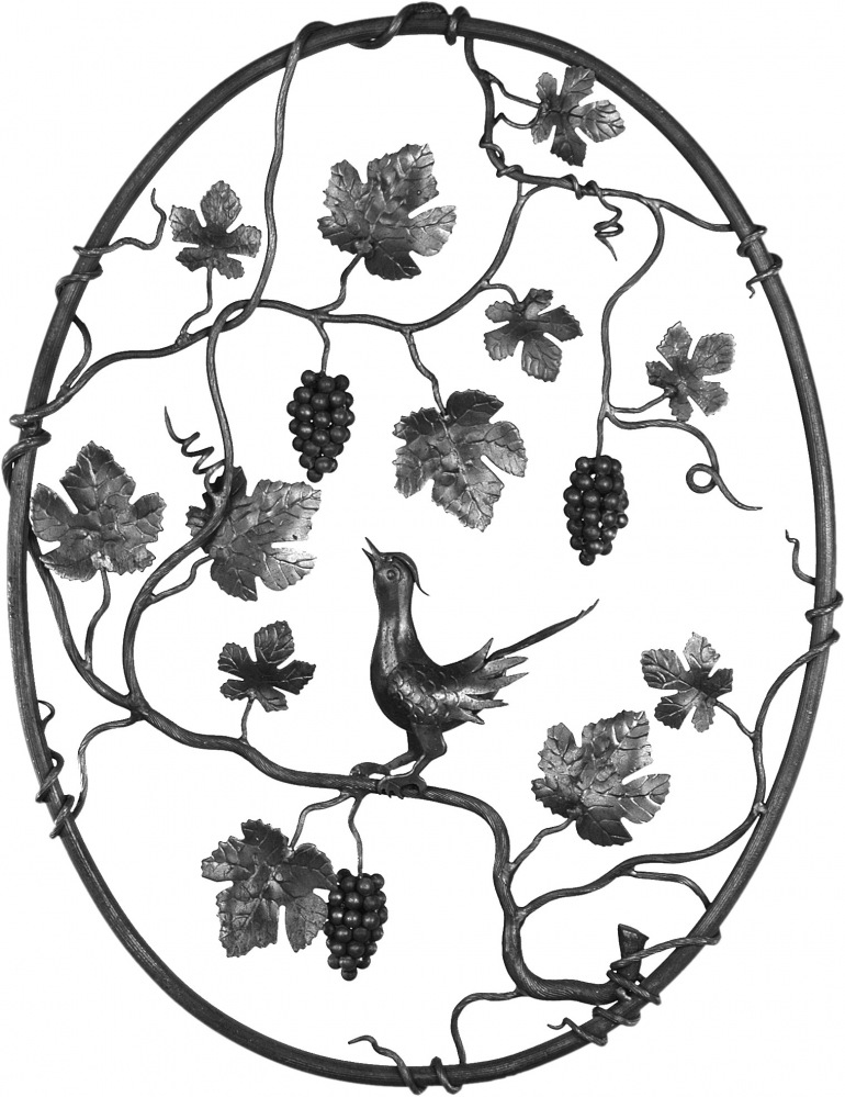 Décor d'oiseau sur branche, composé de grappes de raisins et de feuilles de vigne en fer forgé, de 675mm de haut par 520mm de haut. Décoration d'intérieur ou extérieur. A souder ou a visser.