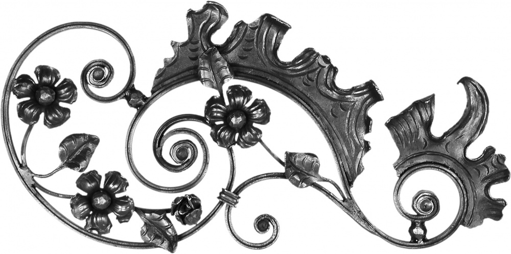 Décor composé de volutes et de style floral pour dessus de portails de 285mm de haut et 600mm de long. A souder. Partie droite.