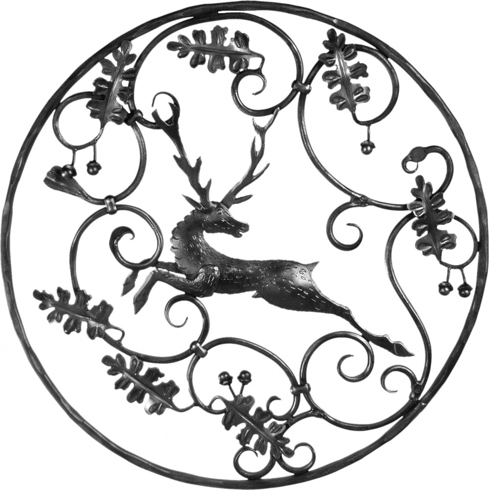 Décor de cerf avec feuilles et volutes en fer forgé, d\'un diamètre de 725mm. Décoration d\'intérieur ou extérieur.  type gauche 