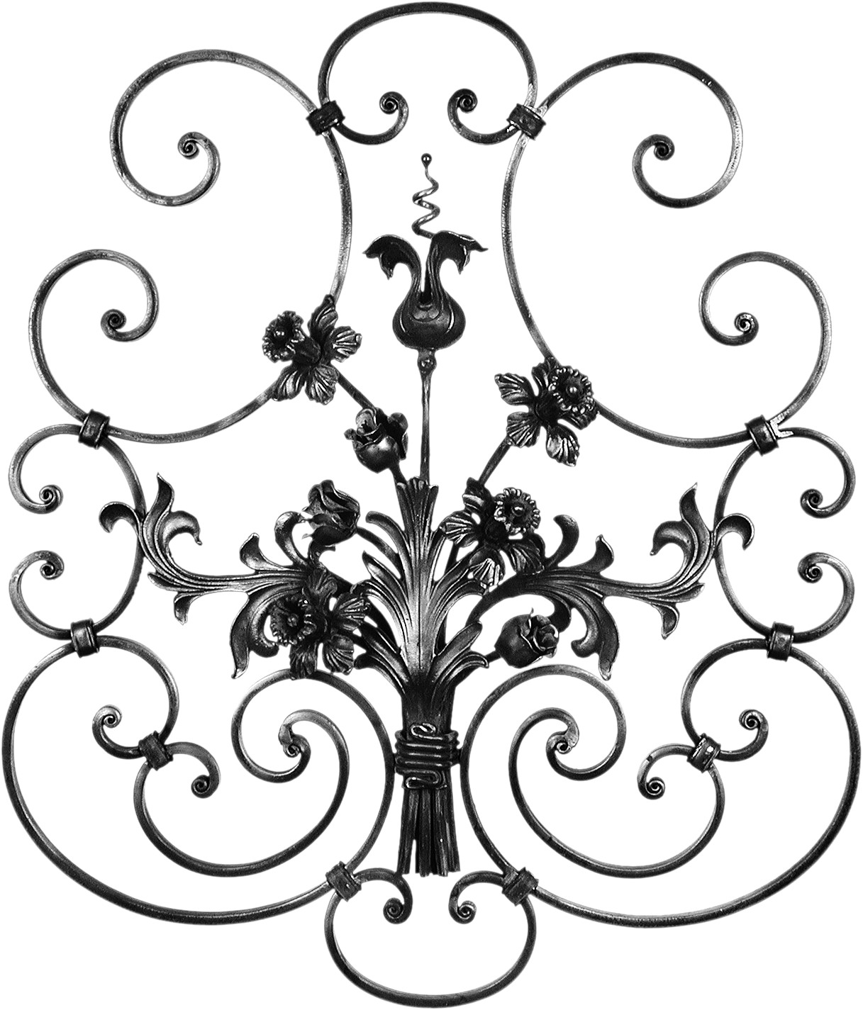 Panneau floral avec un bouquet de fleurs et feuilles d'une hauteur de 730mm et d'une largeur de 620mm. En fer forgé.