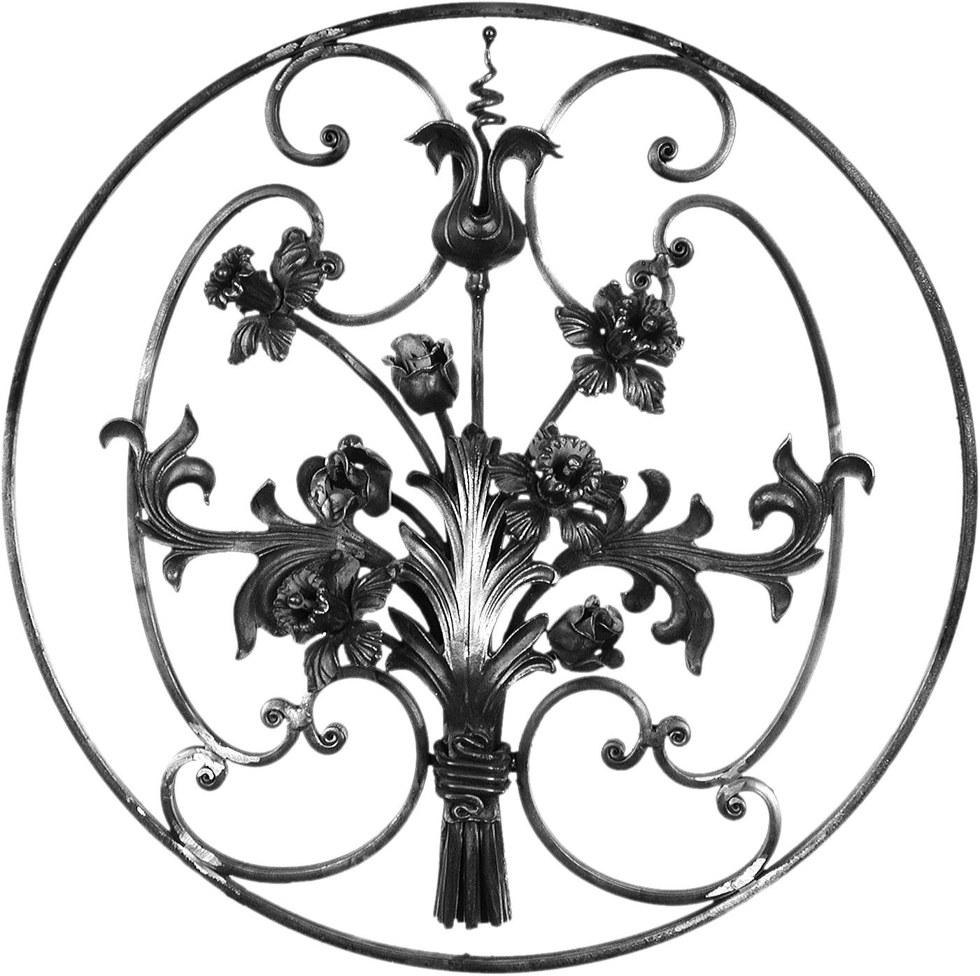 Panneau floral avec un bouquet de fleurs, feuilles et volutes d'un diamètre de 560mm. En fer forgé.