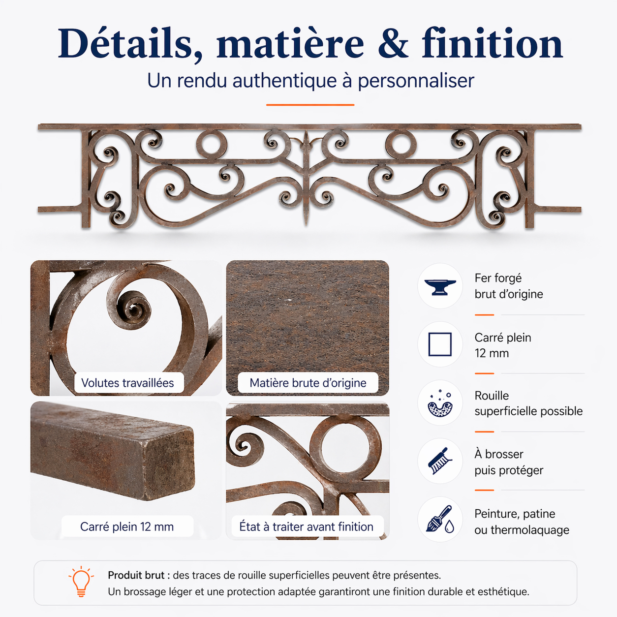 Appui de fenêtre de 1100mm de long et 210mm de haut. La partie décor mesure 900mm de long, il y a donc 100mm de sur-longueur en plus pour le scellement de chaque côté. Convient pour des tableaux de fenêtre entre 1000 et 1040mm de large. Structure en carré plein de 12mm de section. Modèle d'époque au style Haussmannien que l'on retrouve surtout dans les grandes villes et à Paris. Ce garde-corps en fer forgé est livré dans un état brut sans peinture et pouvant présenter de la rouille. Pour une demande sur mesure n'hésitez pas à nous contacter par mail : pergola62@free.fr.