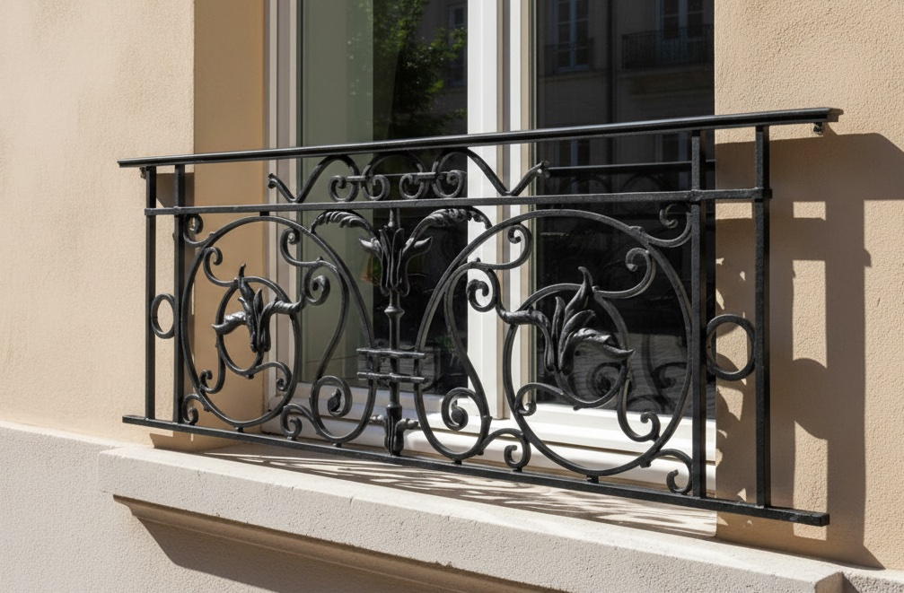 Garde corps pour fenêtre en Fonte : 1450mm de long et 480mm de haut. La partie décor mesure 1210mm de long, il y a donc 120mm de sur-longueur en plus pour le scellement de chaque côté. Convient pour des tableaux de fenêtre entre 1330 et 1390mm de large. Structure en carré plein de 14mm de section. Modèle d'époque au style Haussmannien que l'on retrouve surtout à Paris. Ce garde-corps en fer forgé est livré dans un état brut de démoulage sans peinture et pouvant présenter de la rouille. Pour une demande sur mesure n'hésitez pas à nous contacter par mail : pergola62@free.fr.