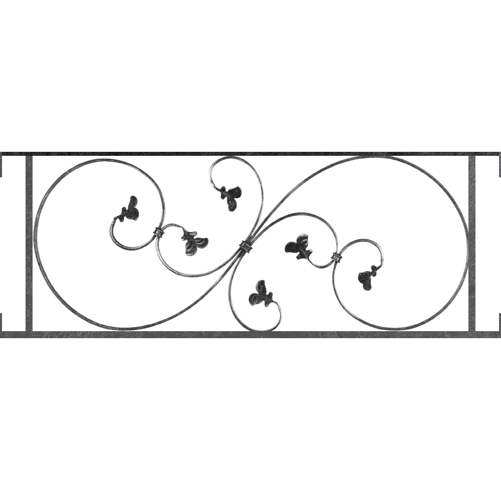 Appui de fenêtre type AF001 à visser dans votre tableau de fenêtre. Longueur finie de 1000mm et Hauteur finie de 372mm. Convient pour les tableaux de fenêtre de 1000mm. Main courante laminée de 1000mm de long en fer forgé sur le dessus. Motif au centre de 870mm de long par 350mm de haut. Le reste de la structure est en acier carré plein de 14mm de section.