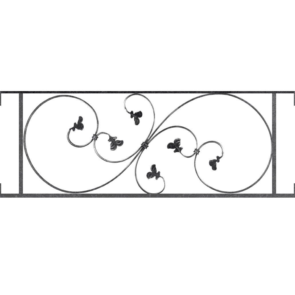 Appui de fenêtre type AF001 à visser dans votre tableau de fenêtre. Longueur finie de 1030mm et Hauteur finie de 372mm. Convient pour les tableaux de fenêtre de 1030mm. Main courante laminée de 1030mm de long en fer forgé sur le dessus. Motif au centre de 870mm de long par 350mm de haut. Le reste de la structure est en acier carré plein de 14mm de section.