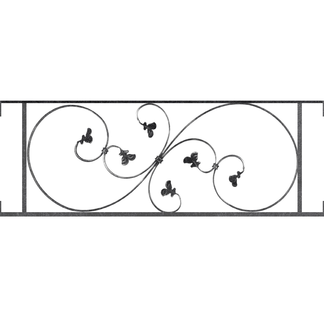 Appui de fenêtre type AF001 à visser dans votre tableau de fenêtre. Longueur finie de 1040mm et Hauteur finie de 372mm. Convient pour les tableaux de fenêtre de 1040mm. Main courante laminée de 1040mm de long en fer forgé sur le dessus. Motif au centre de 870mm de long par 350mm de haut. Le reste de la structure est en acier carré plein de 14mm de section.