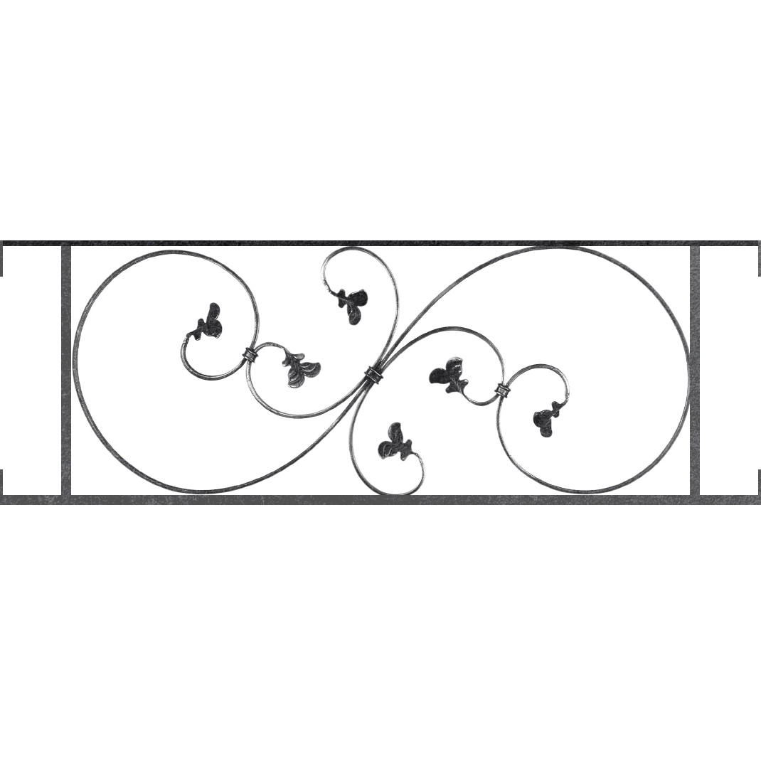 Appui de fenêtre type AF001 à visser dans votre tableau de fenêtre. Longueur finie de 1070mm et Hauteur finie de 372mm. Convient pour les tableaux de fenêtre de 1070mm. Main courante laminée de 1070mm de long en fer forgé sur le dessus. Motif au centre de 870mm de long par 350mm de haut. Le reste de la structure est en acier carré plein de 14mm de section.