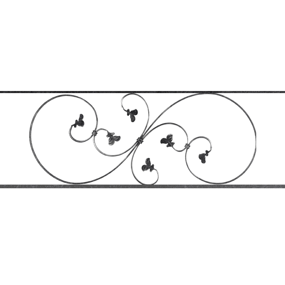 Appui de fenêtre type AF001 à sceller dans votre tableau de fenêtre. Longueur finie de 1090mm et Hauteur finie de 372mm. Convient pour les tableaux de fenêtre de 990mm. 50mm de scellement sont prévue de chaque côté. Main courante laminée de 990mm de long en fer forgé sur le dessus. Motif au centre de 870mm de long par 350mm de haut. Le reste de la structure est en acier carré plein de 14mm de section.