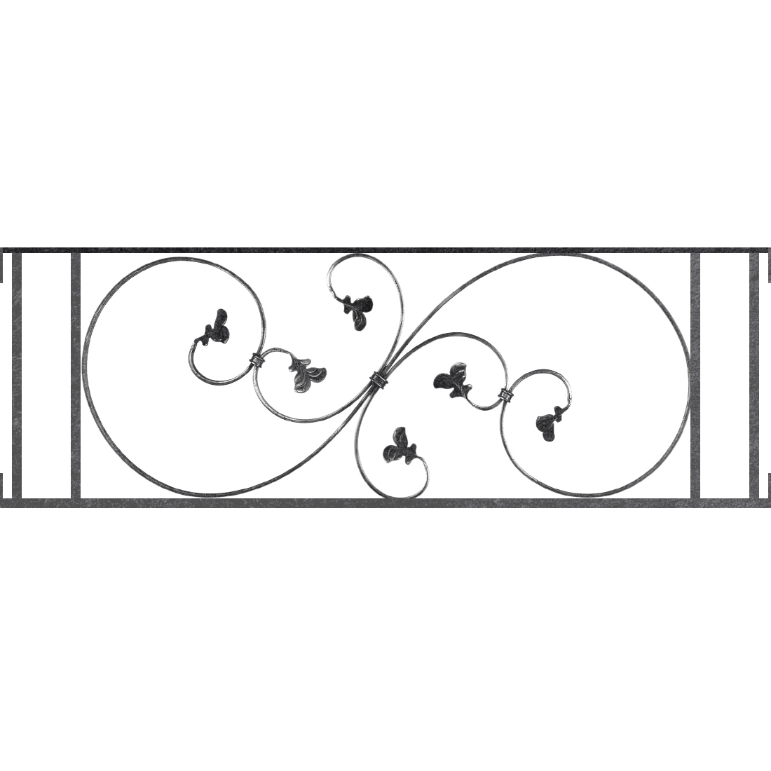 Appui de fenêtre type AF001 à visser dans votre tableau de fenêtre. Longueur finie de 1100mm et Hauteur finie de 372mm. Convient pour les tableaux de fenêtre de 1100mm. Main courante laminée de 1100mm de long en fer forgé sur le dessus. Motif au centre de 870mm de long par 350mm de haut. Le reste de la structure est en acier carré plein de 14mm de section.