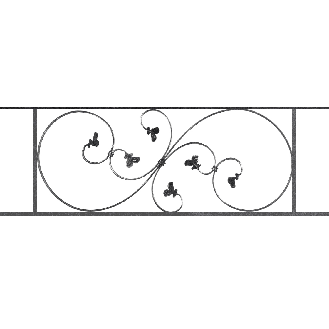 Appui de fenêtre type AF001 à sceller dans votre tableau de fenêtre. Longueur finie de 1120mm et Hauteur finie de 372mm. Convient pour les tableaux de fenêtre de 1020mm. 50mm de scellement sont prévue de chaque côté. Main courante laminée de 1020mm de long en fer forgé sur le dessus. Motif au centre de 870mm de long par 350mm de haut. Le reste de la structure est en acier carré plein de 14mm de section.