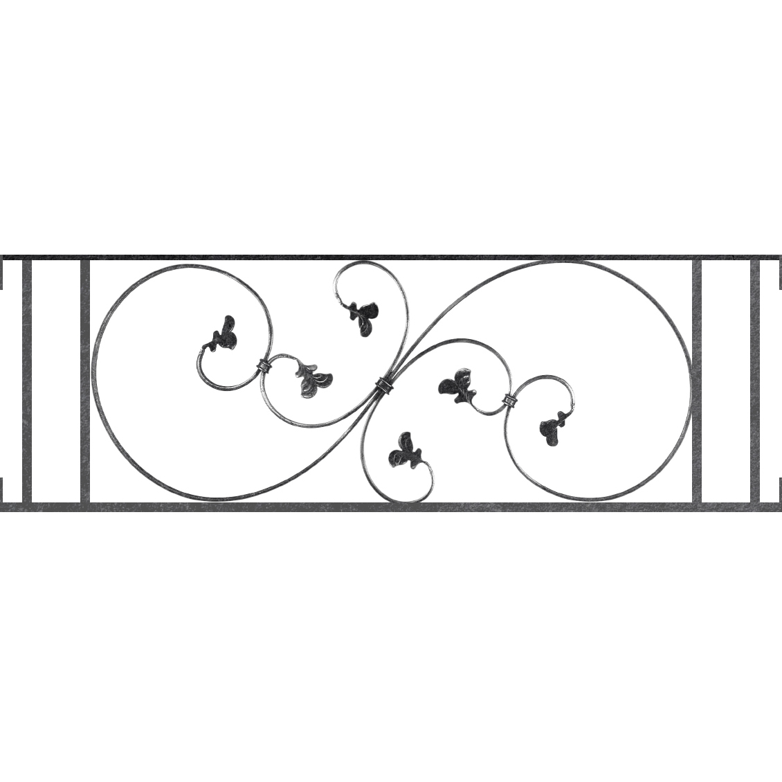 Appui de fenêtre type AF001 à visser dans votre tableau de fenêtre. Longueur finie de 1130mm et Hauteur finie de 372mm. Convient pour les tableaux de fenêtre de 1130mm. Main courante laminée de 1130mm de long en fer forgé sur le dessus. Motif au centre de 870mm de long par 350mm de haut. Le reste de la structure est en acier carré plein de 14mm de section.