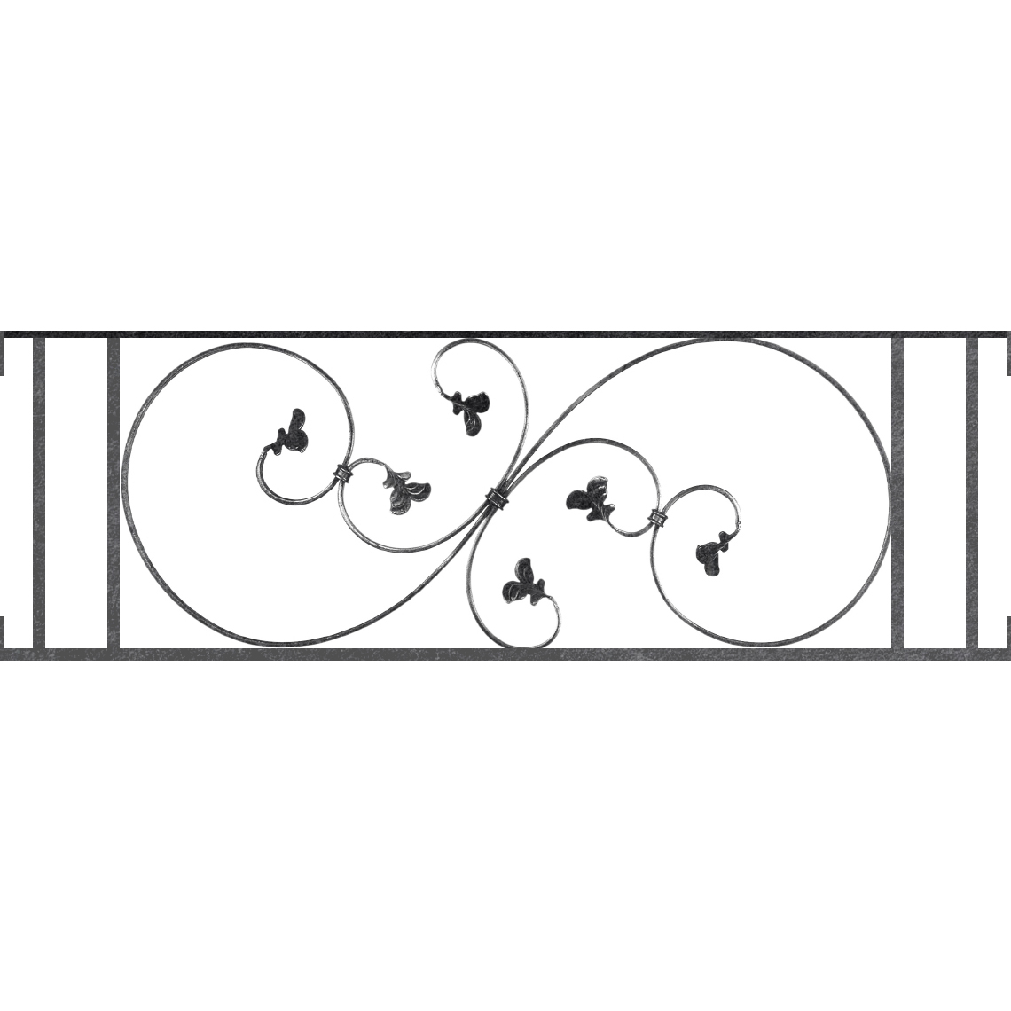 Appui de fenêtre type AF001 à visser dans votre tableau de fenêtre. Longueur finie de 1140mm et Hauteur finie de 372mm. Convient pour les tableaux de fenêtre de 1140mm. Main courante laminée de 1140mm de long en fer forgé sur le dessus. Motif au centre de 870mm de long par 350mm de haut. Le reste de la structure est en acier carré plein de 14mm de section.