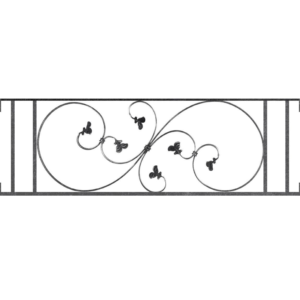 Appui de fenêtre type AF001 à visser dans votre tableau de fenêtre. Longueur finie de 1150mm et Hauteur finie de 372mm. Convient pour les tableaux de fenêtre de 1150mm. Main courante laminée de 1150mm de long en fer forgé sur le dessus. Motif au centre de 870mm de long par 350mm de haut. Le reste de la structure est en acier carré plein de 14mm de section.