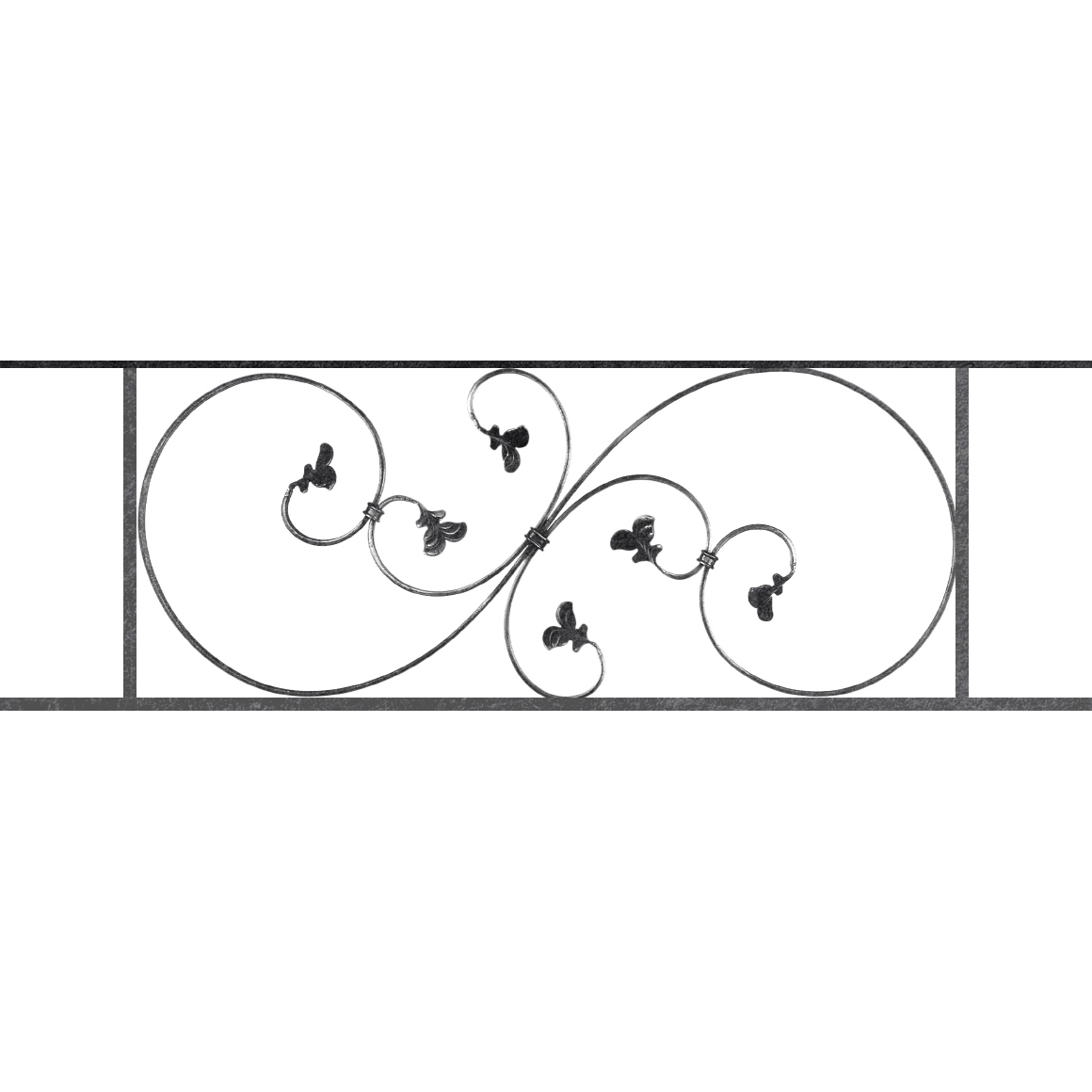 Appui de fenêtre type AF001 à sceller dans votre tableau de fenêtre. Longueur finie de 1160mm et Hauteur finie de 372mm. Convient pour les tableaux de fenêtre de 1060mm. 50mm de scellement sont prévue de chaque côté. Main courante laminée de 1060mm de long en fer forgé sur le dessus. Motif au centre de 870mm de long par 350mm de haut. Le reste de la structure est en acier carré plein de 14mm de section.