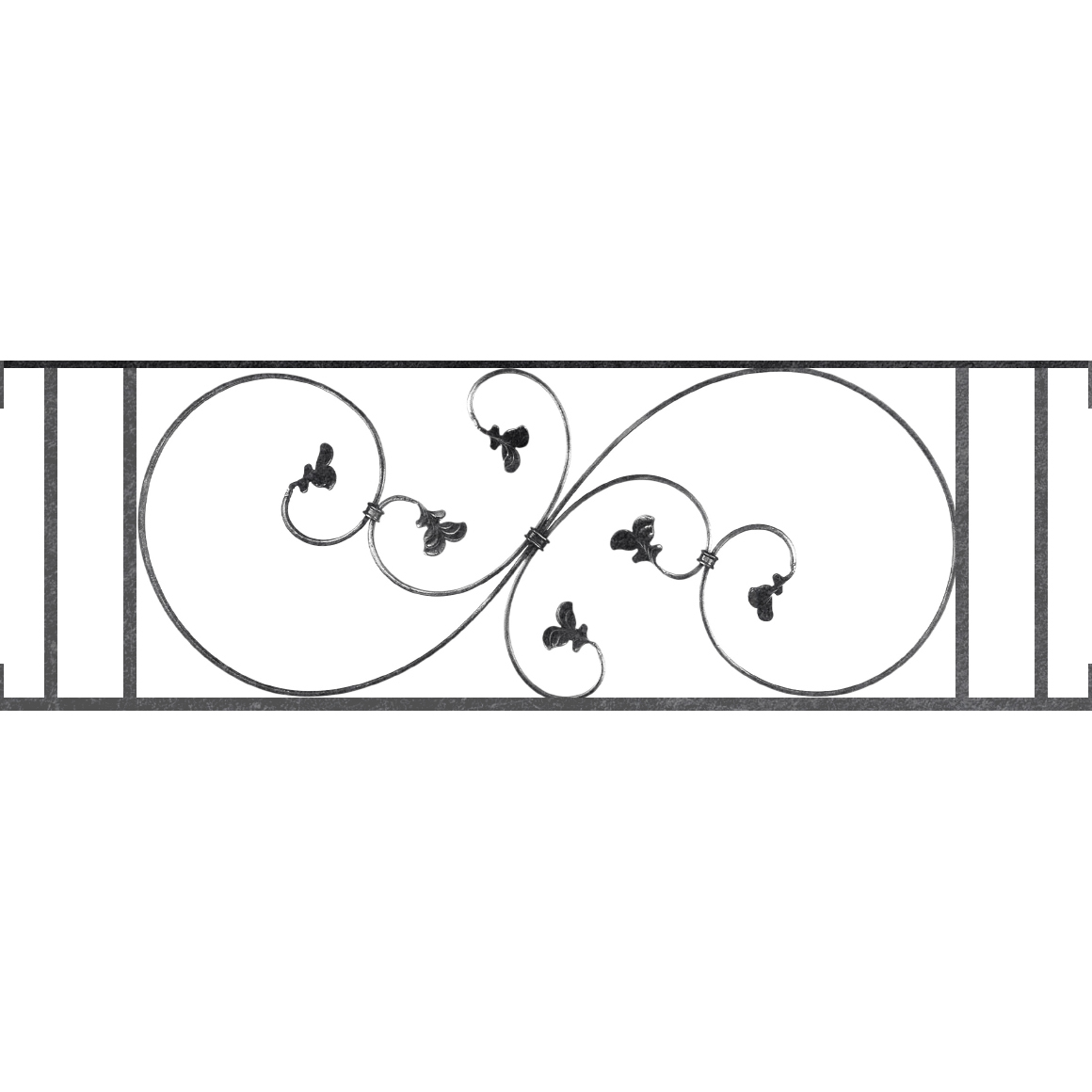 Appui de fenêtre type AF001 à visser dans votre tableau de fenêtre. Longueur finie de 1160mm et Hauteur finie de 372mm. Convient pour les tableaux de fenêtre de 1160mm. Main courante laminée de 1160mm de long en fer forgé sur le dessus. Motif au centre de 870mm de long par 350mm de haut. Le reste de la structure est en acier carré plein de 14mm de section.