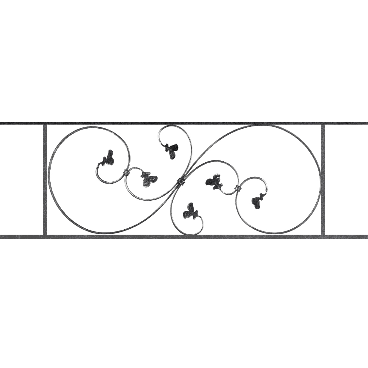 Appui de fenêtre type AF001 à sceller dans votre tableau de fenêtre. Longueur finie de 1170mm et Hauteur finie de 372mm. Convient pour les tableaux de fenêtre de 1070mm. 50mm de scellement sont prévue de chaque côté. Main courante laminée de 1070mm de long en fer forgé sur le dessus. Motif au centre de 870mm de long par 350mm de haut. Le reste de la structure est en acier carré plein de 14mm de section.