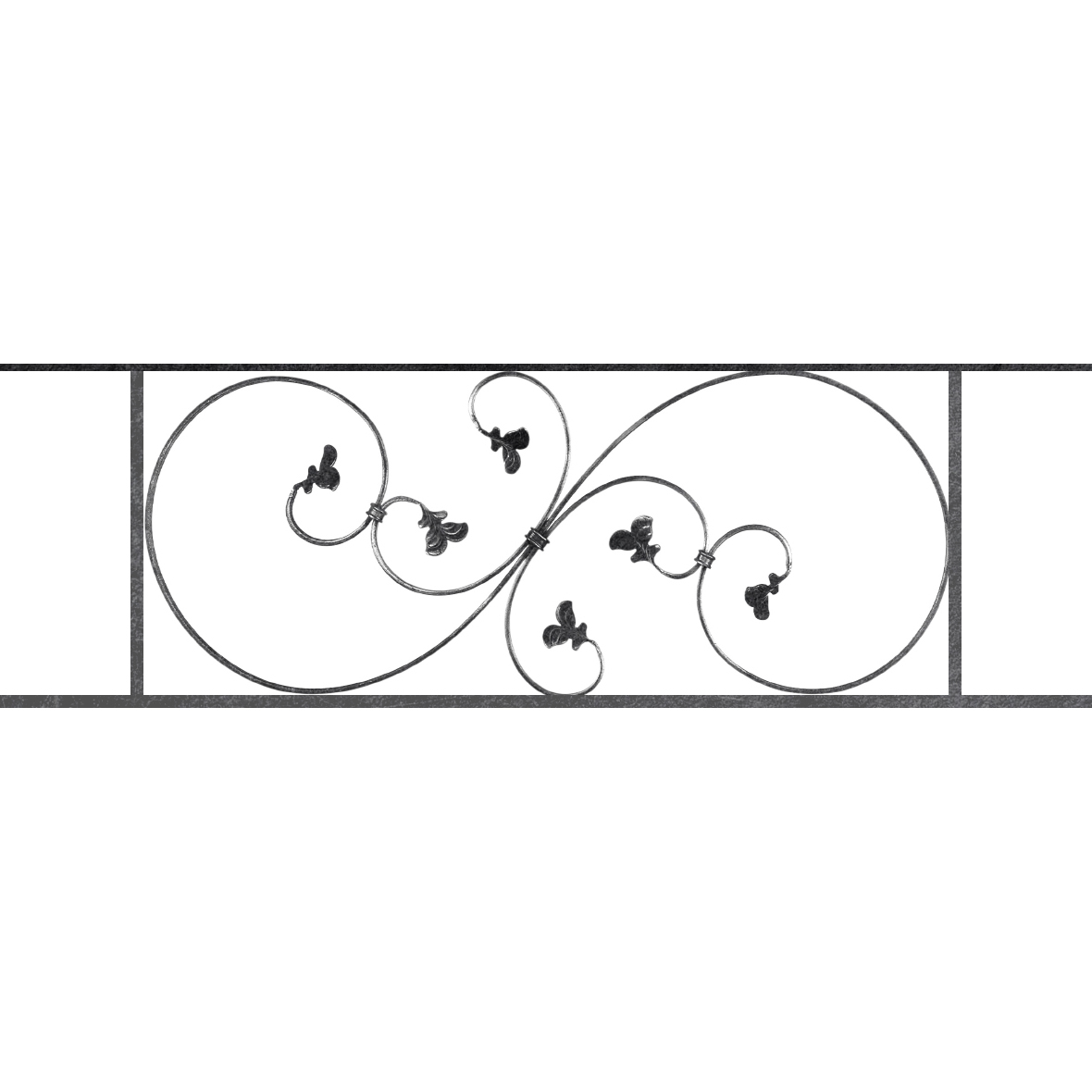 Appui de fenêtre type AF001 à sceller dans votre tableau de fenêtre. Longueur finie de 1180mm et Hauteur finie de 372mm. Convient pour les tableaux de fenêtre de 1080mm. 50mm de scellement sont prévue de chaque côté. Main courante laminée de 1080mm de long en fer forgé sur le dessus. Motif au centre de 870mm de long par 350mm de haut. Le reste de la structure est en acier carré plein de 14mm de section.